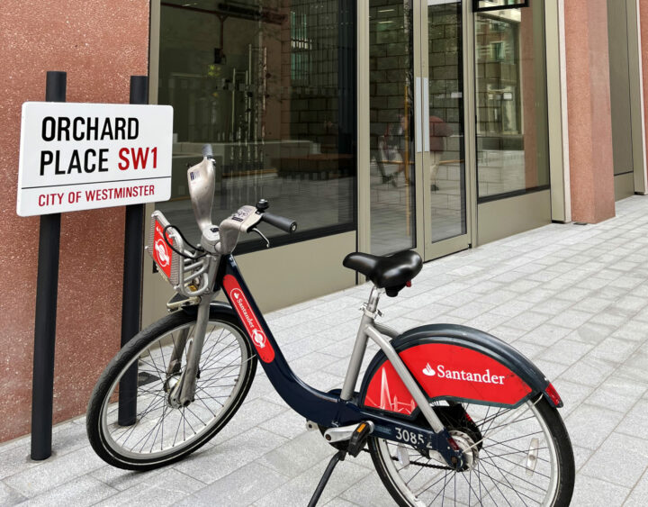 Orchard Place street sign, and Santander Bike