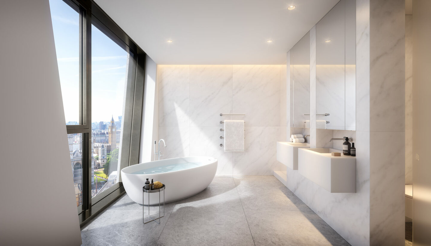 Bathroom overlooks London at Orchard Place